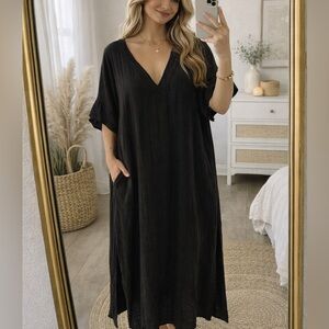 Honest Cotton Black Maxi Dress One Size Boho Pockets Cotton Gauze